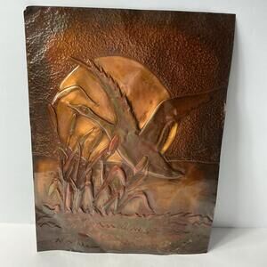 Vintage Copper Repousse Geese Flying Over Pond Unframed
